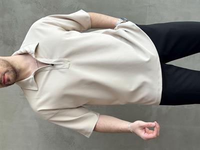 Erkek Elit Kalite Oversize Kalıp Fermuar Detaylı Polo Yaka T-Shirt-Bej(E1651)