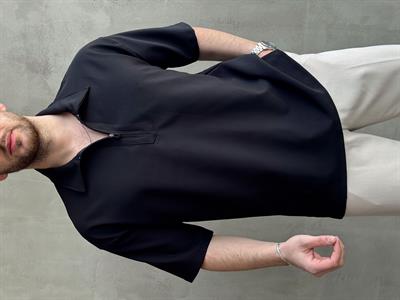 Erkek Elit Kalite Oversize Kalıp Fermuar Detaylı Polo Yaka T-Shirt-Siyah(E1651)