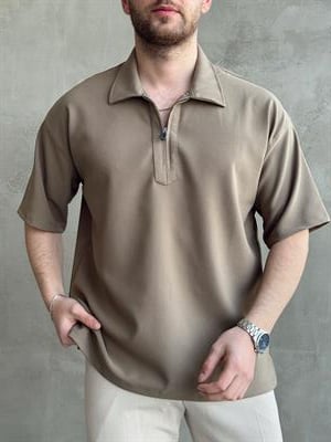 Erkek Elit Kalite Oversize Kalıp Fermuar Detaylı Polo Yaka T-Shirt-Haki(E1651)