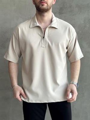 Erkek Elit Kalite Oversize Kalıp Fermuar Detaylı Polo Yaka T-Shirt-Bej(E1651)