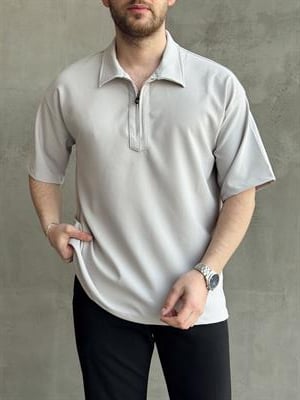 Erkek Elit Kalite Oversize Kalıp Fermuar Detaylı Polo Yaka T-Shirt-Gri(E1651)