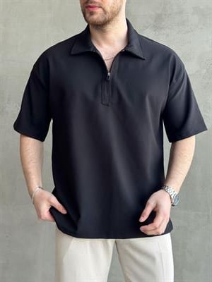 Erkek Elit Kalite Oversize Kalıp Fermuar Detaylı Polo Yaka T-Shirt-Siyah(E1651)