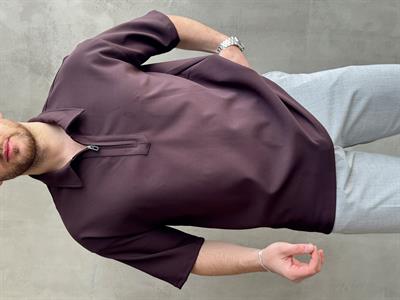 Erkek Elit Kalite Oversize Kalıp Fermuar Detaylı Polo Yaka T-Shirt-Acı Kahve(E1651)