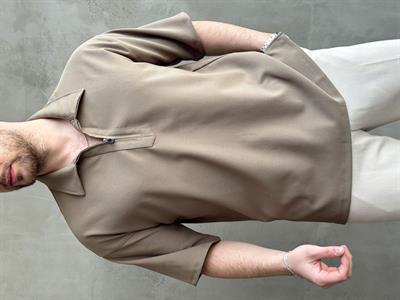Erkek Elit Kalite Oversize Kalıp Fermuar Detaylı Polo Yaka T-Shirt-Haki(E1651)