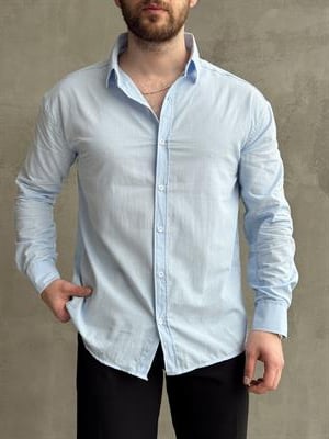 Erkek Elit Kalite Oversize Kalıp Fresh Keten Kumaş Gömlek-Bebe Mavi(E1677)