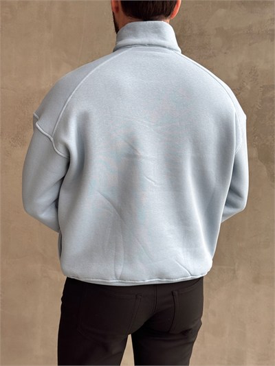 Erkek Elit Kalite Oversize Kalıp Gizli Cep Detaylı Yarım Fermuarlı Dik Yaka 3 İplik Şardonlu Sweat-Bebe Mavi(E1888)