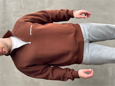 Erkek Elit Kalite Oversize Kalıp Gizli Cep Detaylı Yarım Fermuarlı Dik Yaka 3 İplik Şardonlu Sweat-Kahverengi(E1888)
