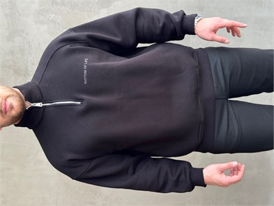 Erkek Elit Kalite Oversize Kalıp Gizli Cep Detaylı Yarım Fermuarlı Dik Yaka 3 İplik Şardonlu Sweat-Siyah(E1888)
