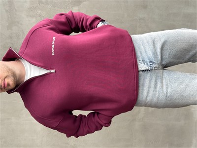 Erkek Elit Kalite Oversize Kalıp Gizli Cep Detaylı Yarım Fermuarlı Dik Yaka 3 İplik Şardonlu Sweat-Bordo(E1888)