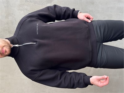 Erkek Elit Kalite Oversize Kalıp Gizli Cep Detaylı Yarım Fermuarlı Dik Yaka 3 İplik Şardonlu Sweat-Siyah(E1888)