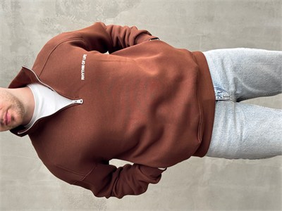 Erkek Elit Kalite Oversize Kalıp Gizli Cep Detaylı Yarım Fermuarlı Dik Yaka 3 İplik Şardonlu Sweat-Kahverengi(E1888)