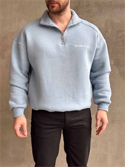 Erkek Elit Kalite Oversize Kalıp Gizli Cep Detaylı Yarım Fermuarlı Dik Yaka 3 İplik Şardonlu Sweat-Bebe Mavi(E1888)