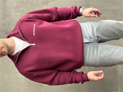 Erkek Elit Kalite Oversize Kalıp Gizli Cep Detaylı Yarım Fermuarlı Dik Yaka 3 İplik Şardonlu Sweat-Bordo(E1888)