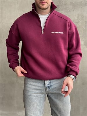 Erkek Elit Kalite Oversize Kalıp Gizli Cep Detaylı Yarım Fermuarlı Dik Yaka 3 İplik Şardonlu Sweat-Bordo(E1888)