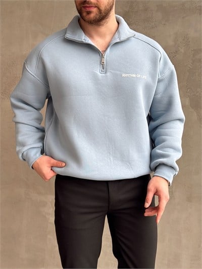 Erkek Elit Kalite Oversize Kalıp Gizli Cep Detaylı Yarım Fermuarlı Dik Yaka 3 İplik Şardonlu Sweat-Bebe Mavi(E1888)