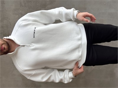Erkek Elit Kalite Oversize Kalıp Gizli Cep Detaylı Yarım Fermuarlı Dik Yaka 3 İplik Şardonlu Sweat-Beyaz(E1888)