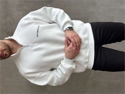 Erkek Elit Kalite Oversize Kalıp Gizli Cep Detaylı Yarım Fermuarlı Dik Yaka 3 İplik Şardonlu Sweat-Beyaz(E1888)