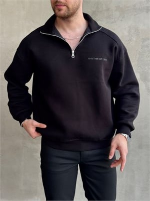 Erkek Elit Kalite Oversize Kalıp Gizli Cep Detaylı Yarım Fermuarlı Dik Yaka 3 İplik Şardonlu Sweat-Siyah(E1888)