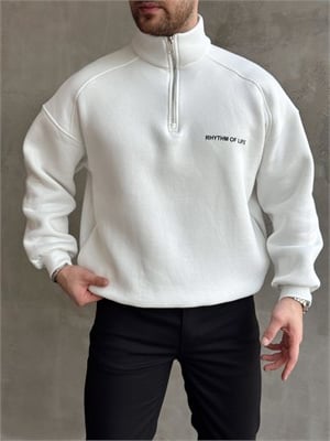 Erkek Elit Kalite Oversize Kalıp Gizli Cep Detaylı Yarım Fermuarlı Dik Yaka 3 İplik Şardonlu Sweat-Beyaz(E1888)