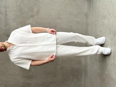 Erkek Elit Kalite Oversize Kalıp Keten Karışımlı Kısa Kollu Gömlek Baggy Kalıp Pantolon Takım-Beyaz(E1646)