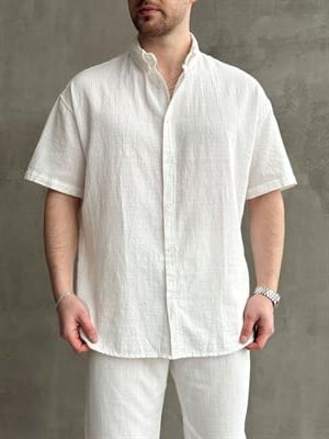 Erkek Elit Kalite Oversize Kalıp Keten Karışımlı Kısa Kollu Gömlek Baggy Kalıp Pantolon Takım-Beyaz(E1646)