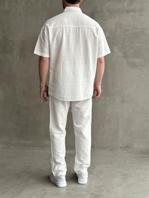 Erkek Elit Kalite Oversize Kalıp Keten Karışımlı Kısa Kollu Gömlek Baggy Kalıp Pantolon Takım-Beyaz(E1646)