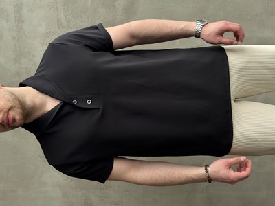 Erkek Elit Kalite Oversize Kalıp Kolu Kendiğiliğinden Katlı Düğme Detay Polo Yaka T-Shirt-Siyah(E1736)