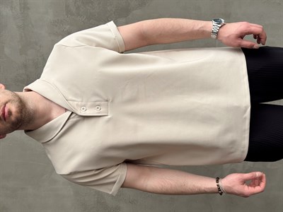 Erkek Elit Kalite Oversize Kalıp Kolu Kendiğiliğinden Katlı Düğme Detay Polo Yaka T-Shirt-Bej(E1736)