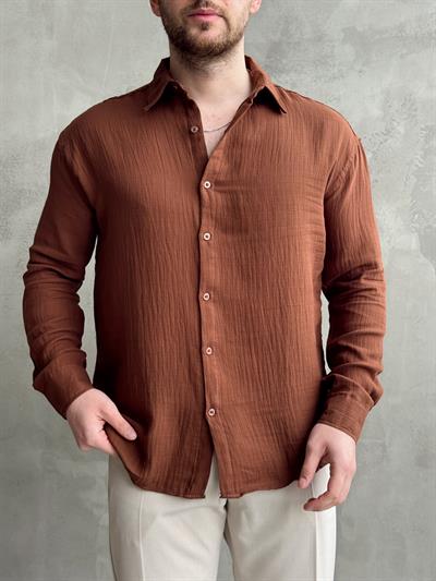 Erkek Elit Kalite Oversize Kalıp Müslin Kumaş Gömlek-Kahverengi(E1606)