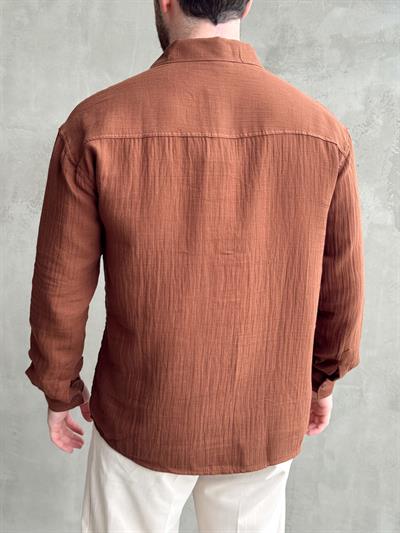 Erkek Elit Kalite Oversize Kalıp Müslin Kumaş Gömlek-Kahverengi(E1606)