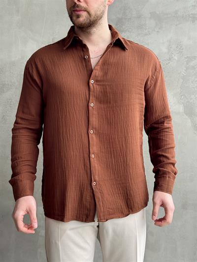 Erkek Elit Kalite Oversize Kalıp Müslin Kumaş Gömlek-Kahverengi(E1606)