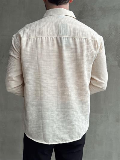 Erkek Elit Kalite Oversize Kalıp Pera Keten Kumaş Gömlek-Bej(E1607)  