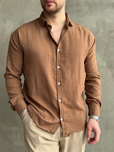 Erkek Elit Kalite Oversize Kalıp Pera Keten Kumaş Gömlek-Camel(E1607)  