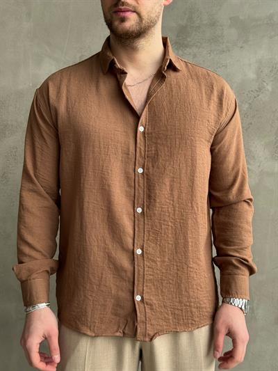 Erkek Elit Kalite Oversize Kalıp Pera Keten Kumaş Gömlek-Camel(E1607)  