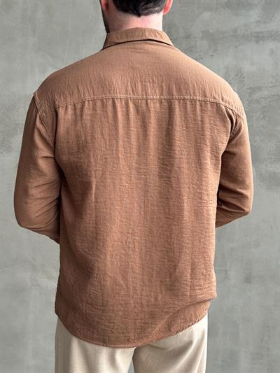 Erkek Elit Kalite Oversize Kalıp Pera Keten Kumaş Gömlek-Camel(E1607)  
