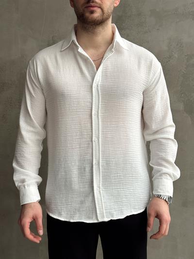 Erkek Elit Kalite Oversize Kalıp Pera Keten Kumaş Gömlek-Beyaz(E1607)  