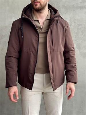 Erkek Elit Kalite Regular Fit Kapüşonlu İçi Elyaflı Stoper Detay Mont-Kahverengi(E1828)