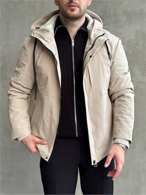 Erkek Elit Kalite Regular Fit Kapüşonlu İçi Elyaflı Stoper Detay Mont-Bej(E1828)