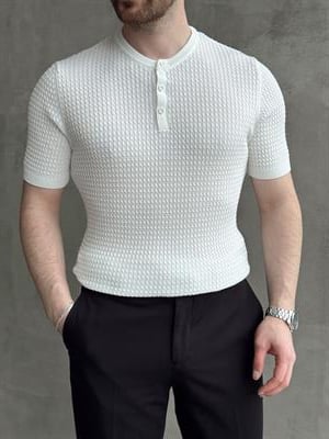 Erkek Elit Kalite Regular Fit Waffle Desenli Pat Yaka Detay Triko T-Shirt-Beyaz(E1681)