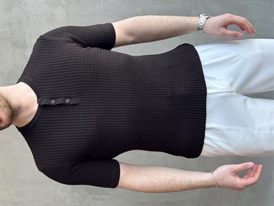 Erkek Elit Kalite Regular Fit Waffle Desenli Pat Yaka Detay Triko T-Shirt-Kahverengi(E1681)