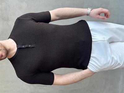 Erkek Elit Kalite Regular Fit Waffle Desenli Pat Yaka Detay Triko T-Shirt-Kahverengi(E1681)