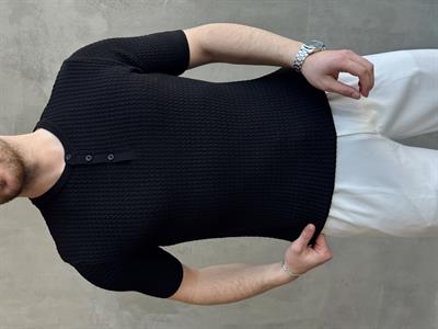 Erkek Elit Kalite Regular Fit Waffle Desenli Pat Yaka Detay Triko T-Shirt-Siyah(E1681)
