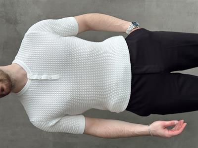 Erkek Elit Kalite Regular Fit Waffle Desenli Pat Yaka Detay Triko T-Shirt-Beyaz(E1681)