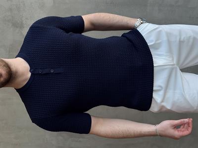 Erkek Elit Kalite Regular Fit Waffle Desenli Pat Yaka Detay Triko T-Shirt-Lacivert(E1681)