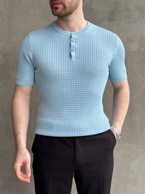 Erkek Elit Kalite Regular Fit Waffle Desenli Pat Yaka Detay Triko T-Shirt-Bebe Mavi(E1681)