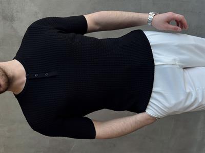 Erkek Elit Kalite Regular Fit Waffle Desenli Pat Yaka Detay Triko T-Shirt-Siyah(E1681)