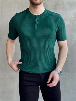 Erkek Elit Kalite Regular Fit Waffle Desenli Pat Yaka Detay Triko T-Shirt-Petrol(E1681)