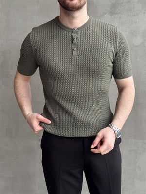 Erkek Elit Kalite Regular Fit Waffle Desenli Pat Yaka Detay Triko T-Shirt-Haki(E1681)
