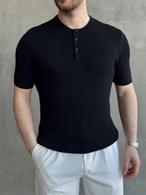 Erkek Elit Kalite Regular Fit Waffle Desenli Pat Yaka Detay Triko T-Shirt-Siyah(E1681)