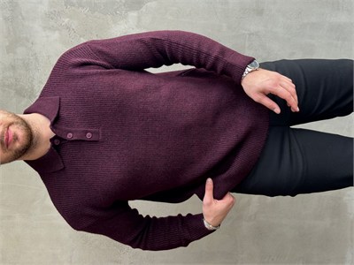 Erkek Elit Kalite Regular Kalıp Düğme Detaylı Polo Yaka Triko Kazak-Bordo(E1886)